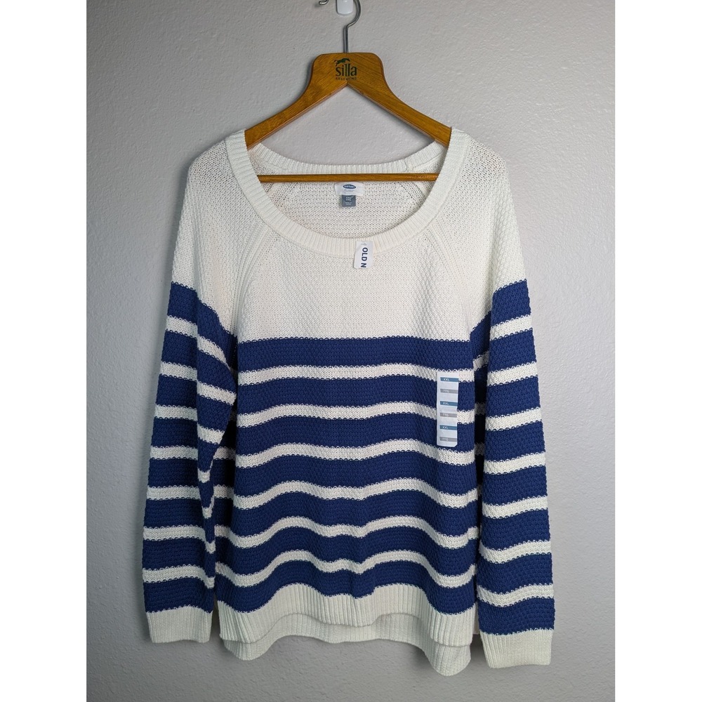 Old Navy Sweater Pullover Womens XXL Blue Striped Scoop‎ Neck Open-Knit